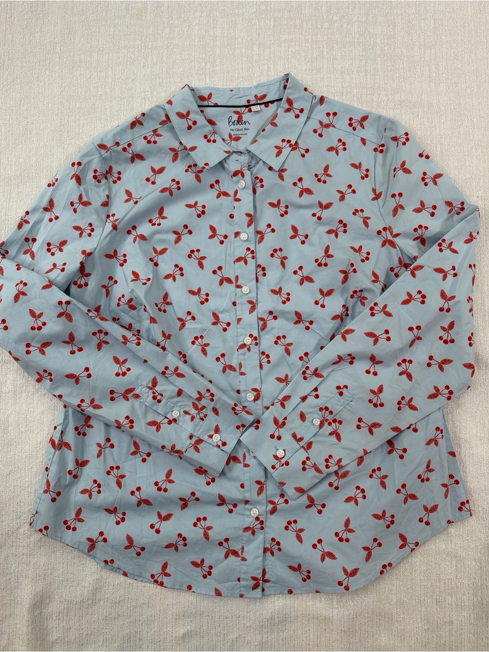 Boden Light Blue Button-Down Shirt with Red Cherry Motif